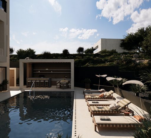 Luxurious rooftop pool with sun loungers and scenic green surroundings in a modern penthouse.